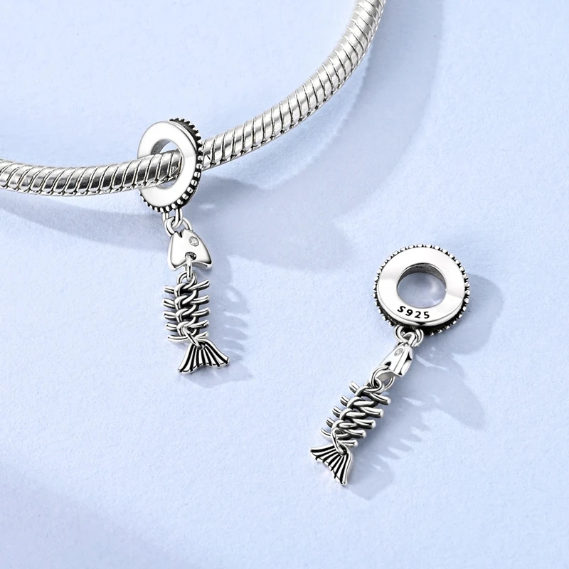 Original 925 Sterling Silver Bead Charm Fishbone Pendant Fit Original Bracelet Necklace For Men Women DIY Neutral Jewelry Gift