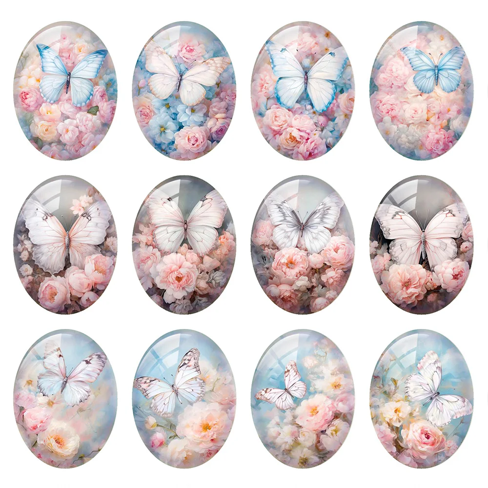 Random Mixed Round/Oval/Square Pink Flower Butterflies Photo Glass Cabochon Flatback Demo Cameo For Diy Jewelry Making