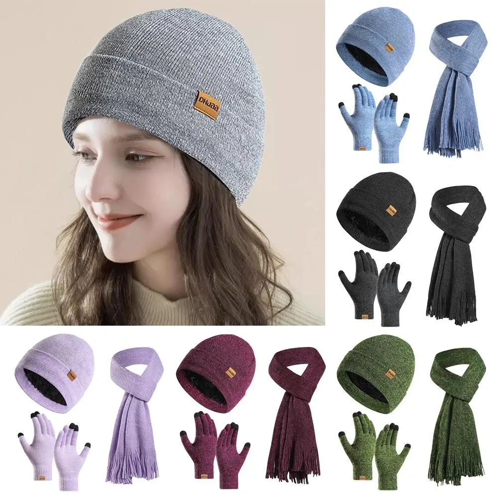 

3Pcs/Set Winter Warm Knitted Hat Neck Protection Windproof Beanies Hat Outdoor Soft Scarf Cap Men Women