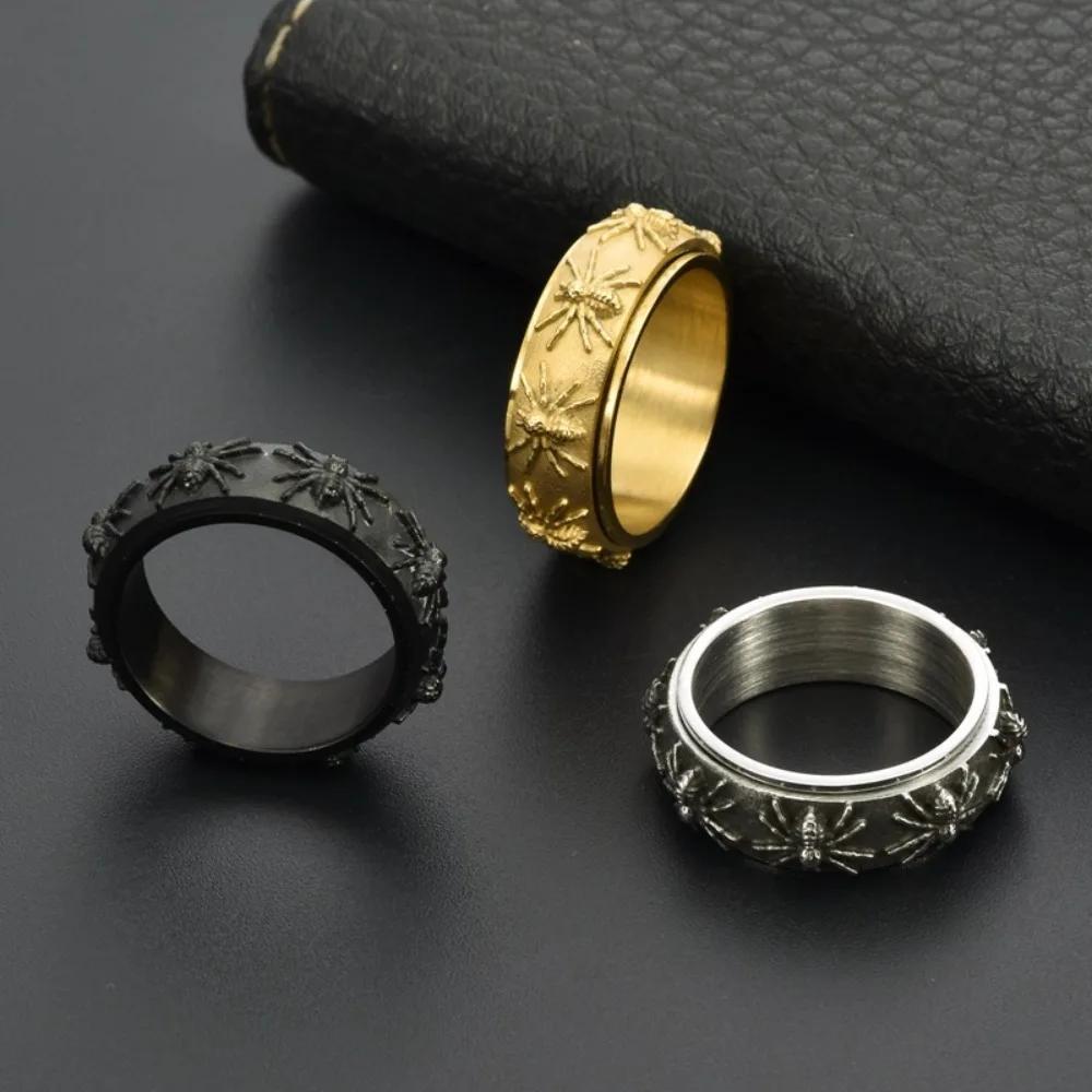 Somen 8mm Vintage Spider Spinner Ring For Men Titanium Steel Rotatable Fidget Band Anti Anxiety Stress Relief Punk Jewelry Bague