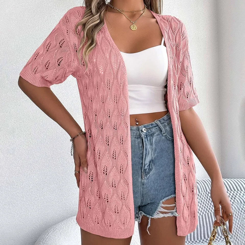 Casual Sweater Chic Y2k Autumn Cardigan Women Coat Ladies Solid Color Summer Crochet Leaf Short Korean Style Blusas De Mujeres