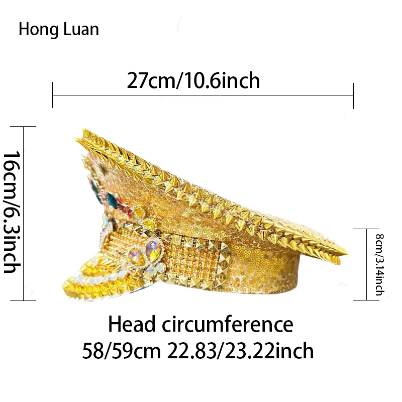 HongLuan Yellow Laser Leather Loop Captain Hat Rhinestone & Military Caps for Woman, Rave Festivals Accessories ＆ Party Cap Man