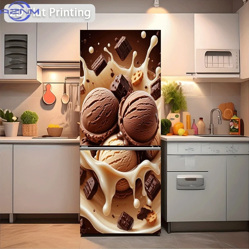 2D Flat Printing 1pc Refrigerator Sticker , Delicious Combo of Chocolate Ice Cream and Milk Splash Theme Scene Wall Decal Self