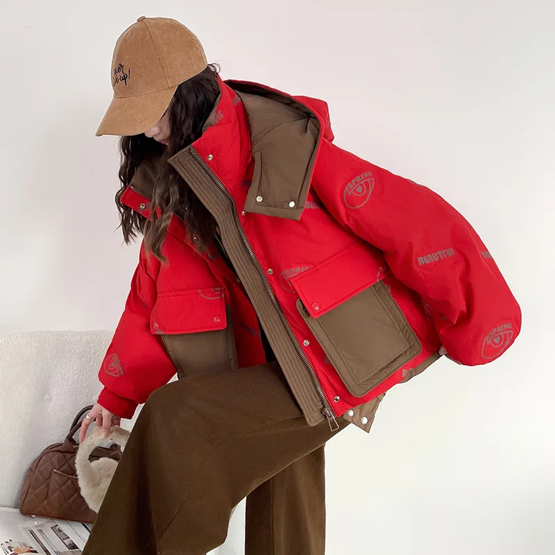 الشتاء الأبيض بطة أسفل السترات الدافئة المرقعة مقنعين أسفل سترة المرأة جيب كبير سميكة مبطن سترة أبلى معطف