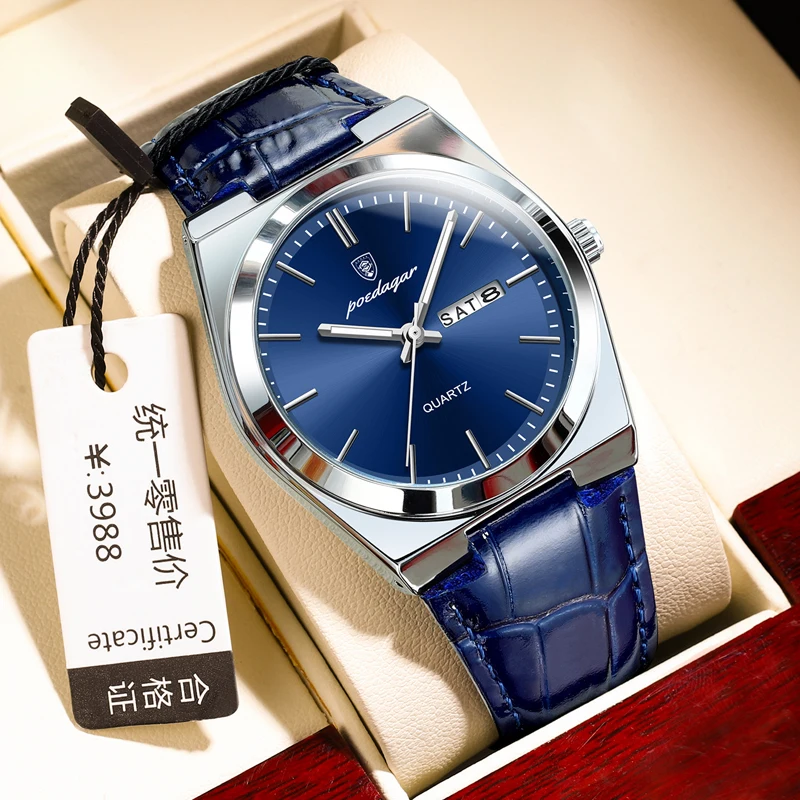POEDAGAR 남성용 방수 쿼츠 시계, 럭셔리 브랜드 가죽 스트랩, 더블 캘린더, 남성 비즈니스, 레저 패션, 신제품