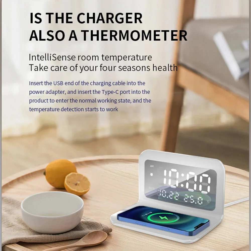 Wireless Charger Pad Stand with Alarm Clock Thermometer for iPhone 14 13 12 15 X Xiaomi Samsung 100W Phone Fast Charging Station