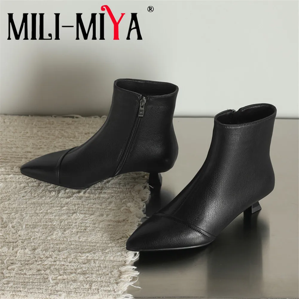 MILI-MIYA Women's Cow Leather Round-Toe Ankle Boots Crystal-Studded Ultra-High Chunky Heel Platform Fashion Boots Extra Large