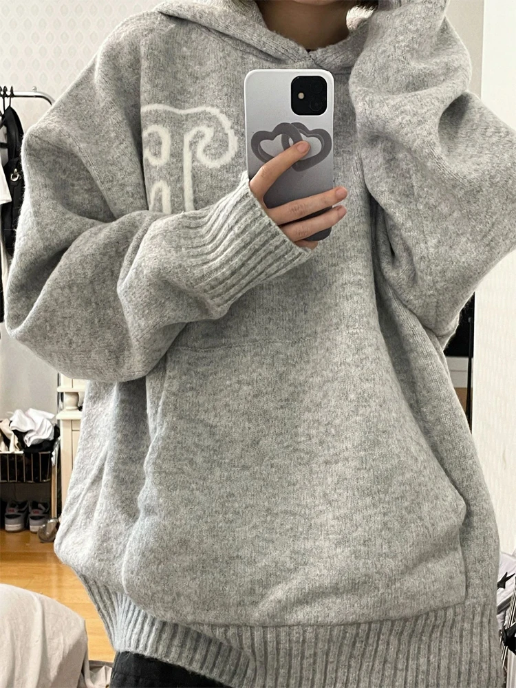 

Hooded Sweater Women Harajuku Graphic Pullovers Female Oversized Fashion Knitted Hoodies Ladies Casual Loose Jumper Streetwear