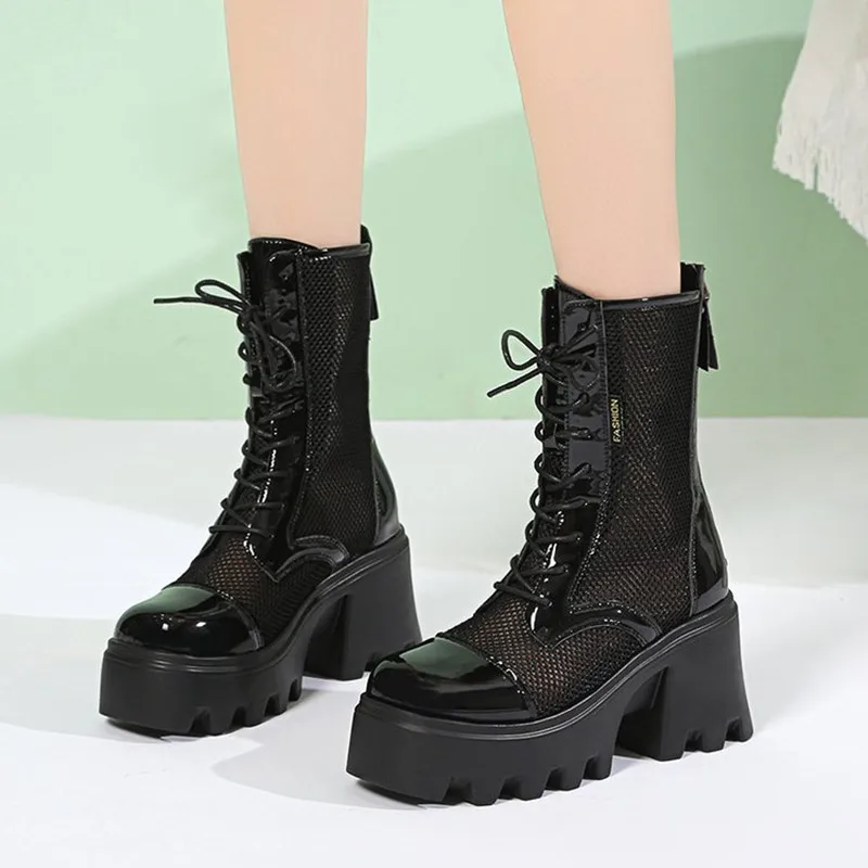 

Designer Summer NEW Platform Ankle Boots for Women Black Mesh Breathable Sandals Casual Shoes Woman Zipper Thick Bottom Booties