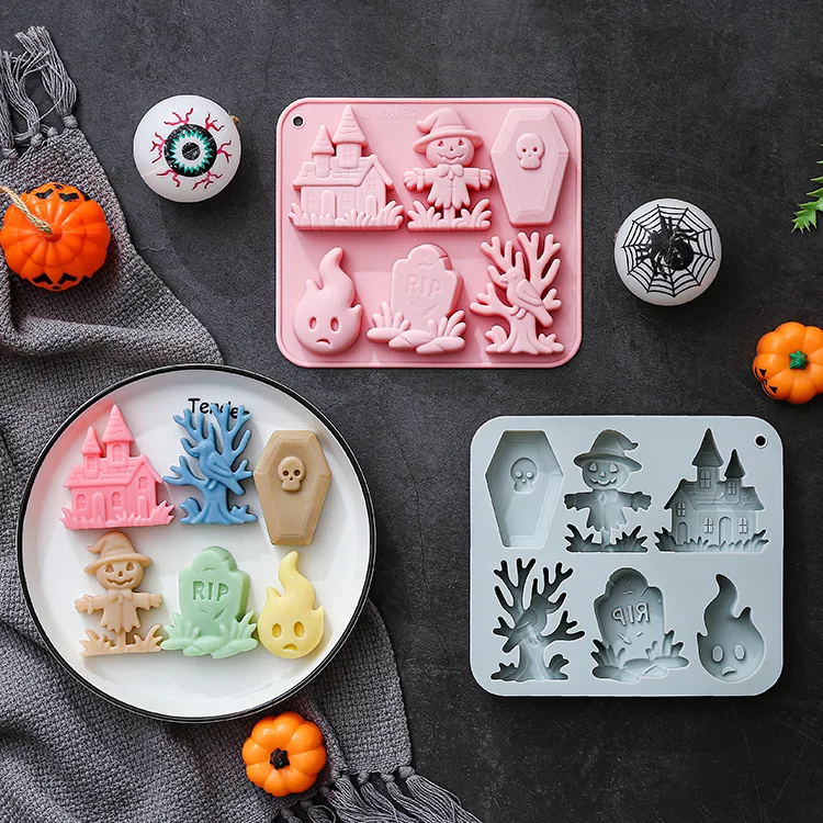 

6 Cavity Halloween Silicone Mold Scarecrow, Tombstone, Castle,different Shapes Fondant Candy Chocolate Mould Cake Decoration