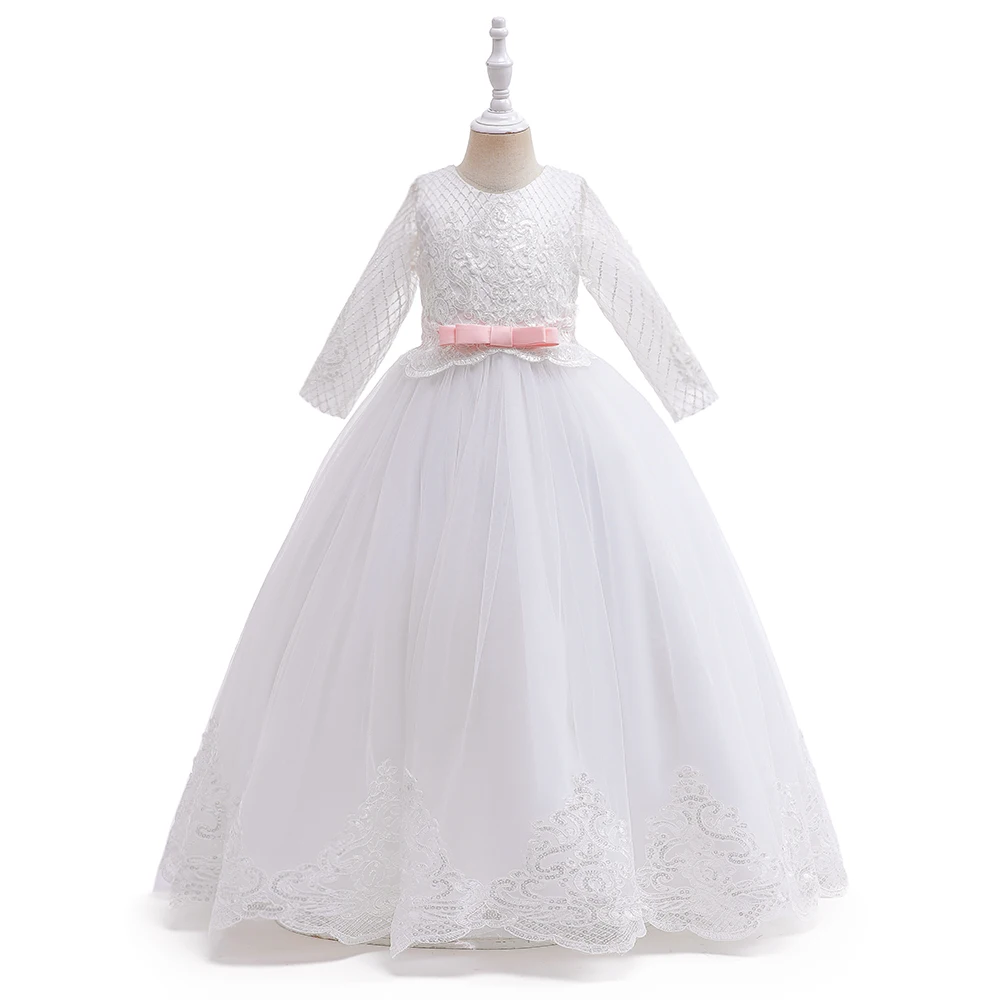 Elegant White Bridemaid Girls Dress Formal Bow First Communion Wedding Princess Prom Kids Party Dresses For Girl Evening Costume