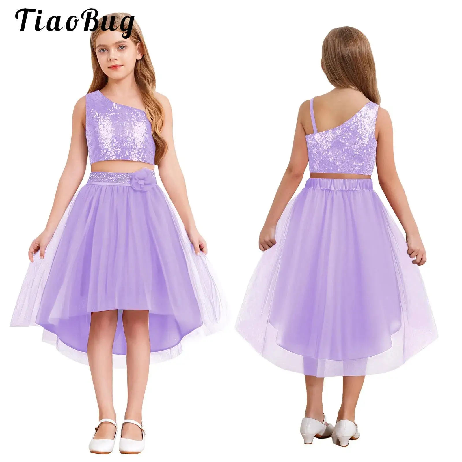 

Princess Dress Girls Sequin Tulle Flower Kids Dress Elegant Shiny Shirt Crop Tops with Skirt Set for Evening Wedding Party Dance