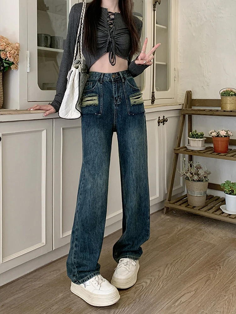 Jeans retrô de pernas largas e angustiadas para mulheres, calça larga de cintura alta, calça emagrecedora, cortina que combina com tudo, perna reta, novo, primavera e outono, 2023