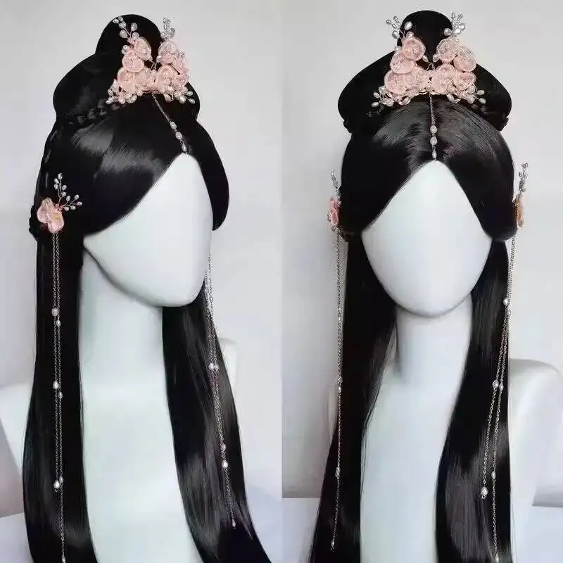 Ancient Style Hanfu Women's Wig Full Head Set Hair Accessories Long Yue Jin Ming Imitation Ye Xi Mist Same Style Pearl Pink view 3