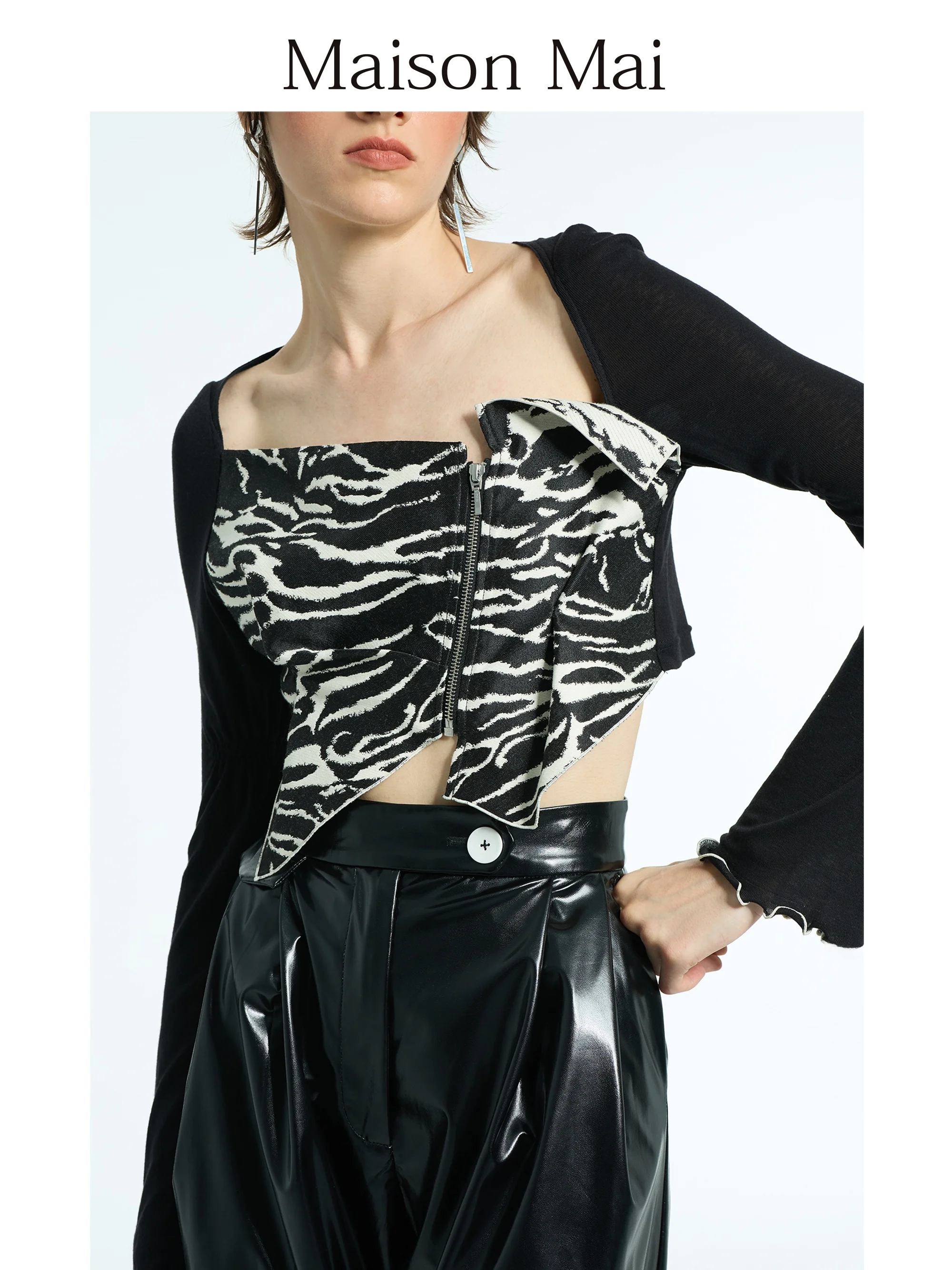 

Ele Brand Maison Mai Wool Splicing Zebra Pattern ort Top Unique High-End Tailoring Ladies Knitted Sweater