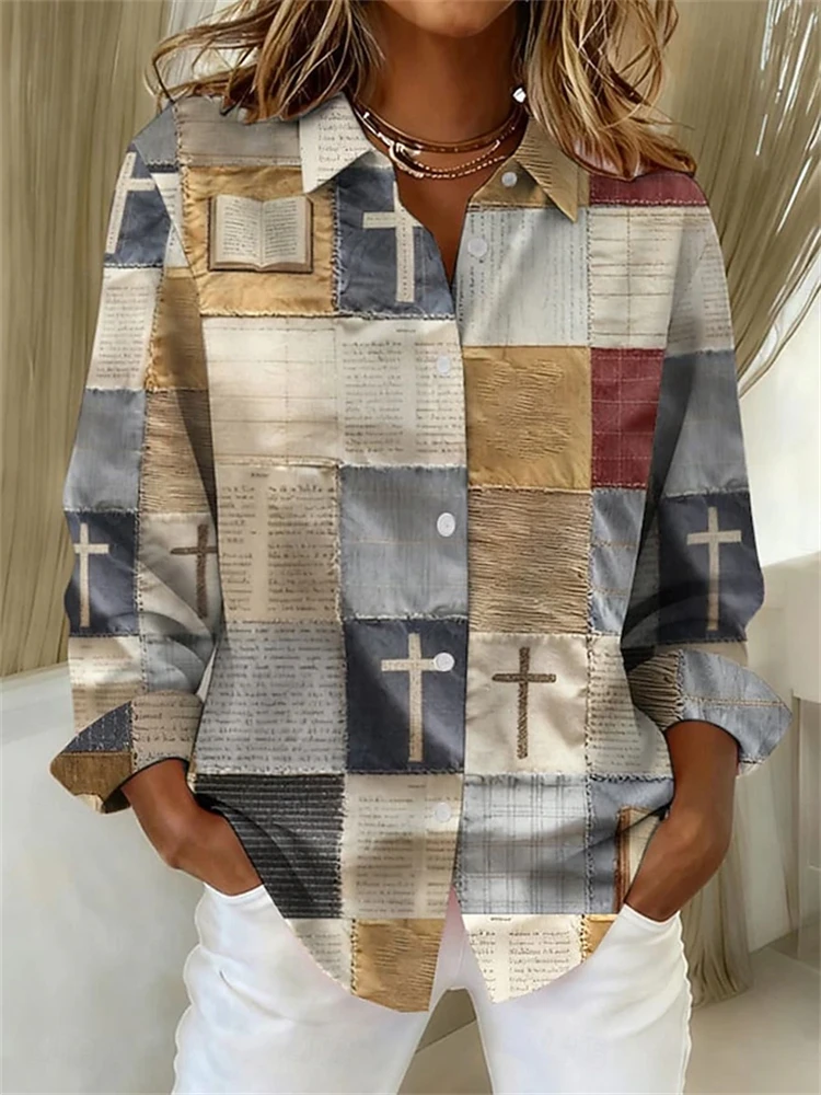 Fashionable Women's Oversized Long-Sleeve Shirt Comfortable And Breathable Collar Design 3D Patchwork Color-Printed Trendy Shirt