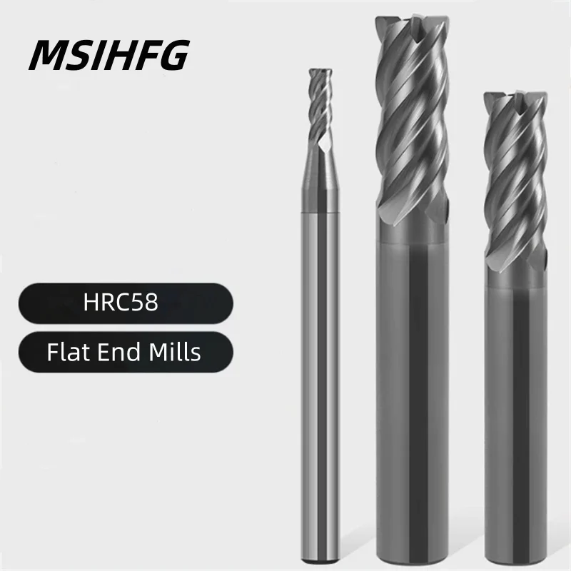 

HRC58 CNC Carbide Flat End Millling Cutter Tungsten 4 Flute Metal Steel Machining Tool Key Face Square Router Bit 6 8 12 Shank