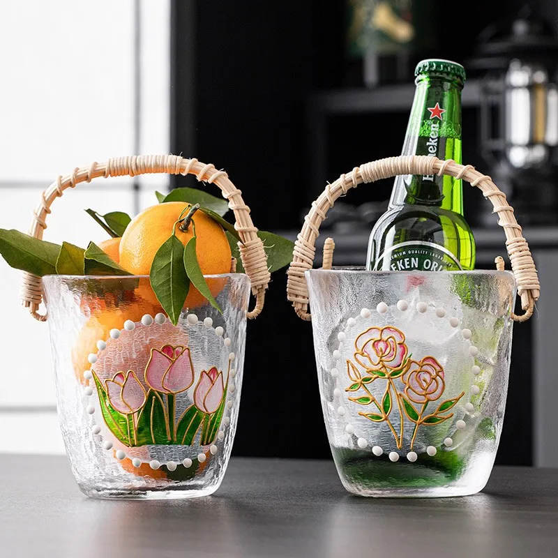 Rattan Woven Handle Glass Ice Bucket Hand Painted Flower Hammered Glass Beverage Cooler Fruit Storage Bucket Wine Chiller Basket
