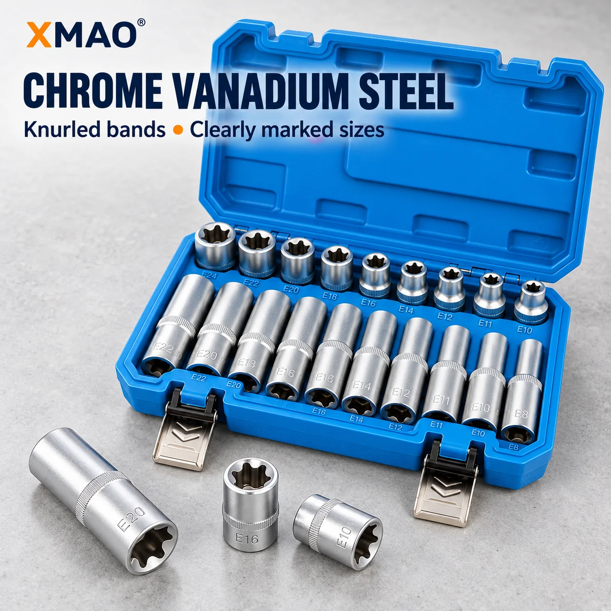 XMAO 19PCS Deep and Standard E Torx Socket Set 1/2 Inch Drive Chrome Vanadium Steel for Automotive Fasteners with Storage Case