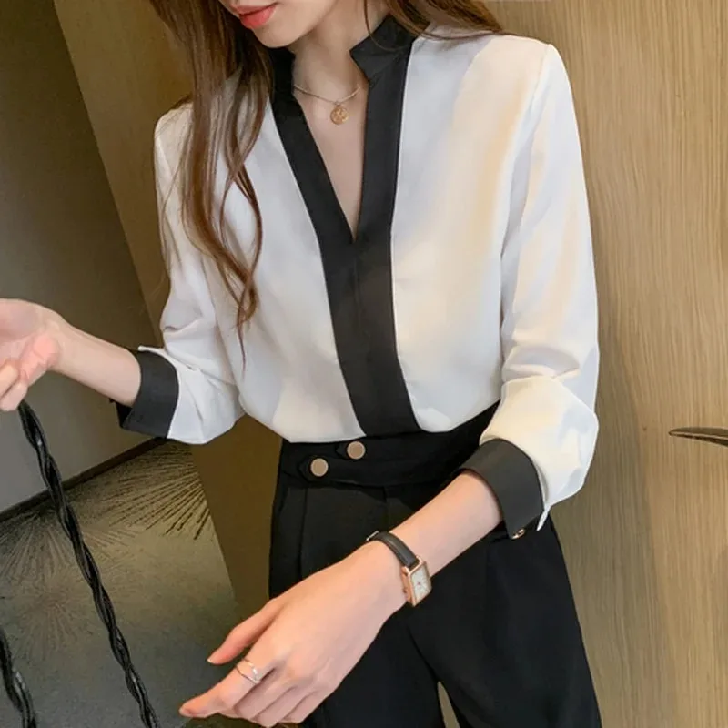 Spring Casual V-neck Women\'s Blouse Autumn Office Lady Long Sleeve Chiffon Shirts Fashion Korean Style Tops New