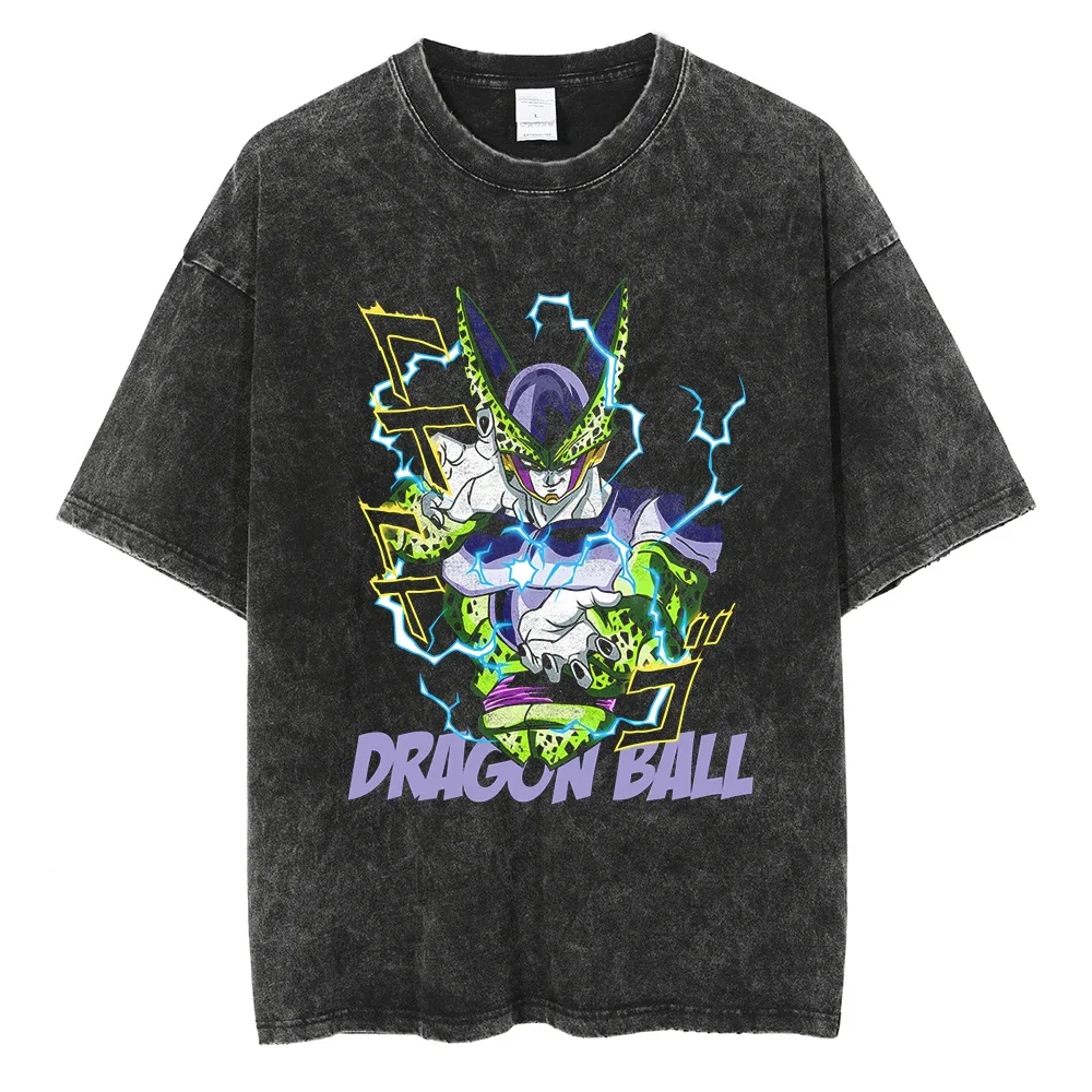 Men Hip Hop Streetwear T Shirt Retro Vintage Dragon Ball Graphic T Shirt Cotton Washed Black 2024 Tshirt Harajuku Tops Tees