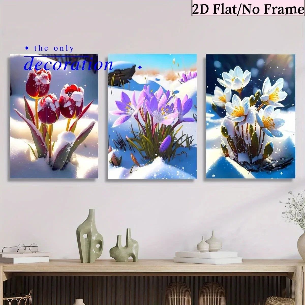 2D Flat, 3pcs 2D Flat Red Tulips and Snow Pheasant Flower Spring-Summer Scenery, Ink Artwork, Suitable for Home Office, Livin