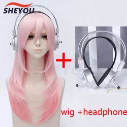Super Sonico Supersonico 60cm Long Pink Ombre Hair Heat Resistant Cosplay Costume Wig + Toy headset Headphone Prop