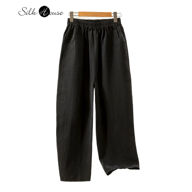

Black 100% Natural Mulberry Silk Turtle Crack Fragrant Cloud Yarn Retro Women's Fashion Pocket Design Elastic Waist Pants
