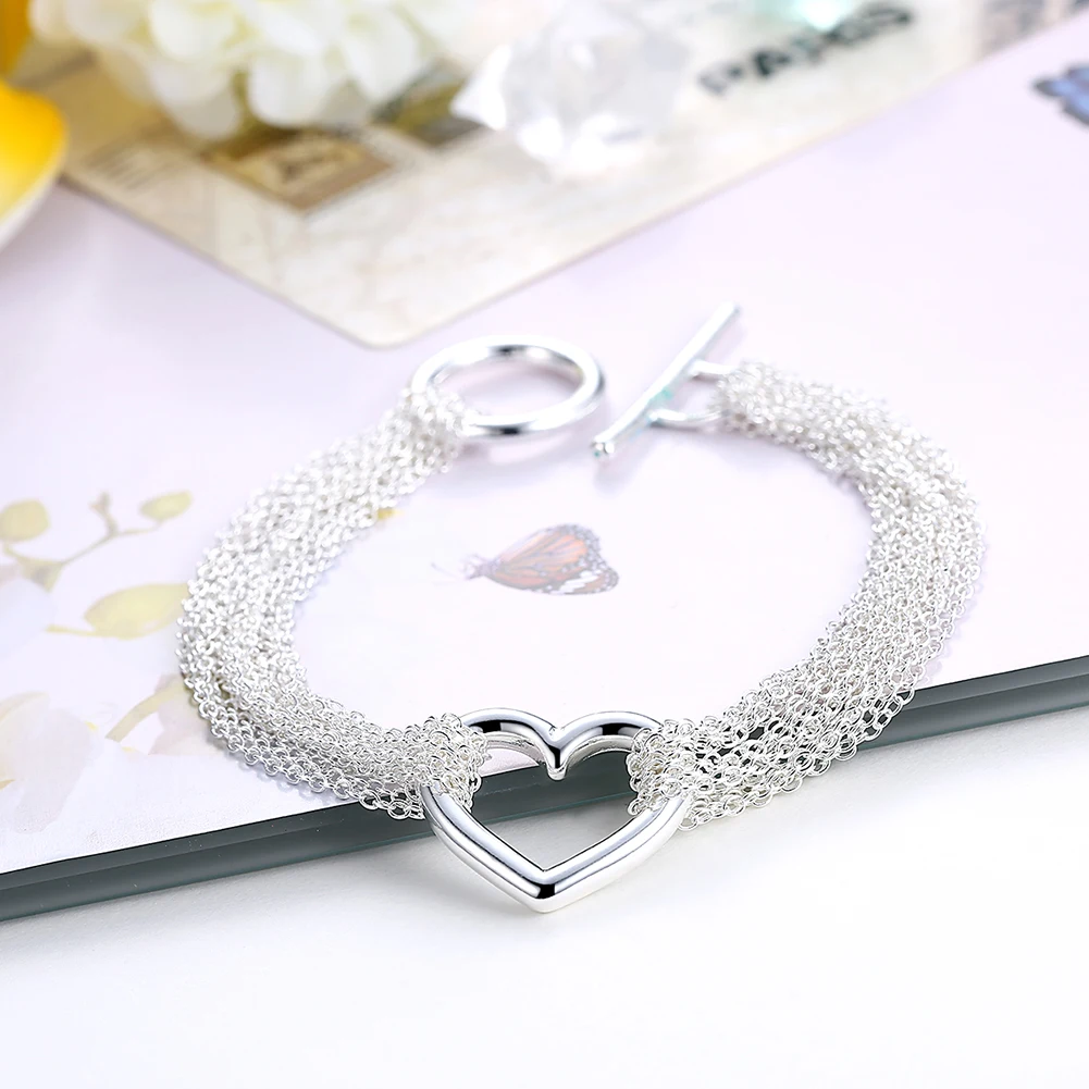 

hot 925 Sterling Silver Heart Tassel lines TO Bracelets chain Jewelry Women Top Quality Lovers wedding party Christmas Gift 20cm