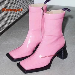 Chelsea Boots Square Toe Strange Style Short Booted Women Side Zipper Pink Orange Black Winter Luxury Shoes Casual Solid Leather