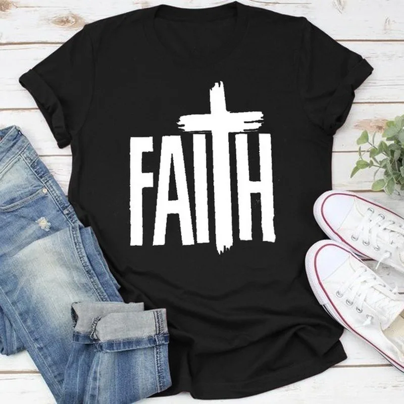 

Faith Letter Print Women T Shirt Short Sleeve O Neck Loose Women Tshirt Ladies Fashion Tee Shirt Tops Clothes Camisetas Mujer