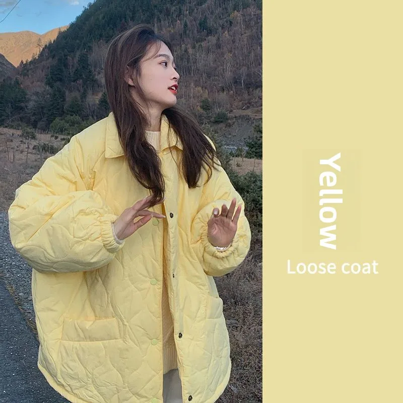 

Loose Casual Versatile Cotton Coat Outerwear Pink Cotton Jaet 2023 Winter New Sle College Sle Diamond Design