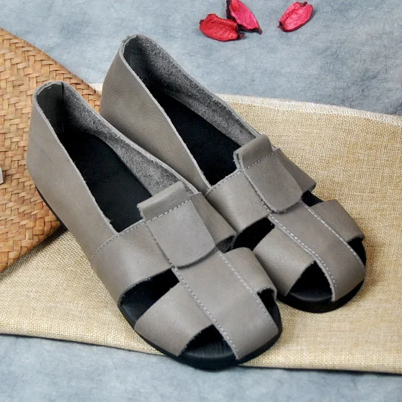 Careaymade-sandali scavati retrò mocassini da donna sandali da barca suole morbide appartamenti piatti sandali con punta chiusa scarpe in vera pelle