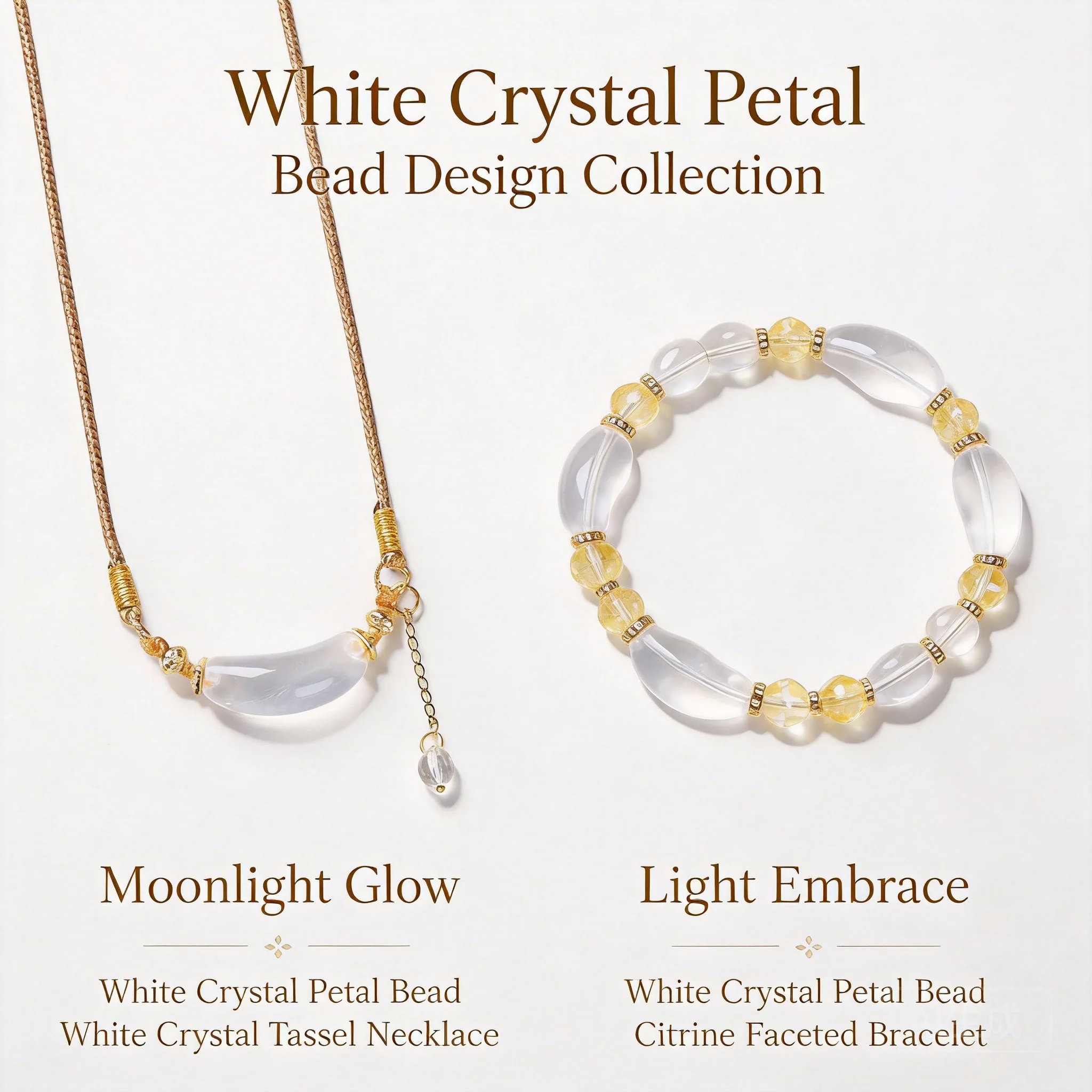 

Chinese Style Natural Clear Quartz Curved Petal Bead Bracelet With Faceted Citrine Accents Lucky Blessing Wealth Attracting Feng
