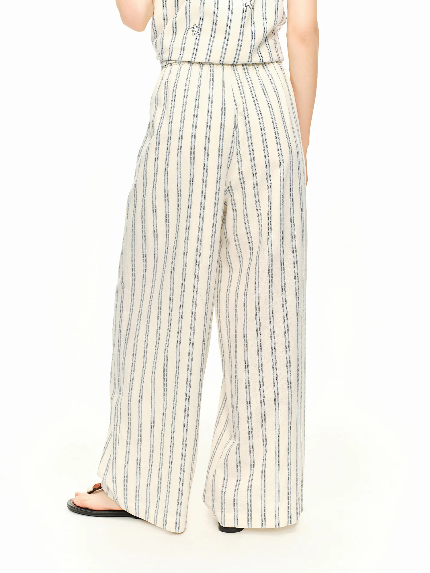 DUSHU Summer Holiday Striped Linen Cotton Wide Leg Straight Pants Elastic Waist Vacation Outfit Leisure Chill Personality Ins