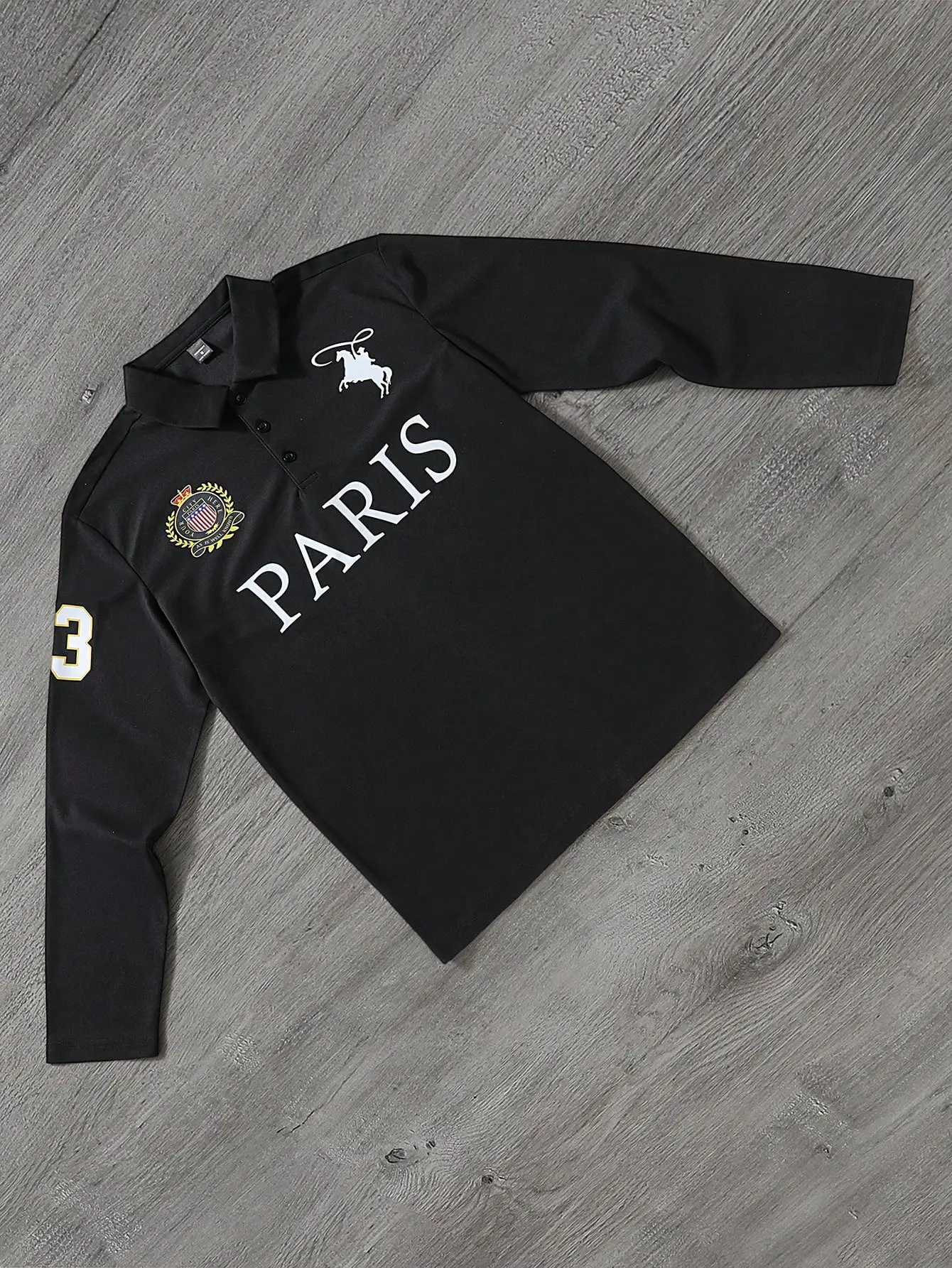 

Men's Black Long Sleeve Polo Shirt with Graphic Print and Number Detail