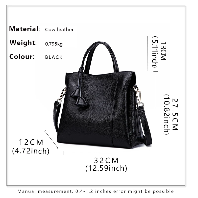 Cowhide women\'s handbag casual versatile black daily commuting single shoulder crossbody tote bag