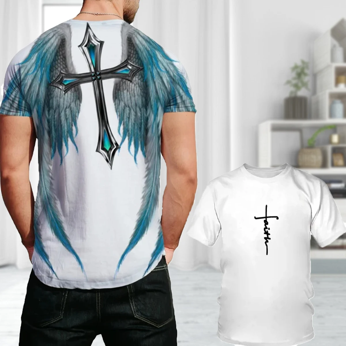 Dazzling Cool Men\'s T-shirt Angel Wings Cross 3D Printed Summer Casual Short Sleeve Oversized Fashion Breathable Sports Clothing