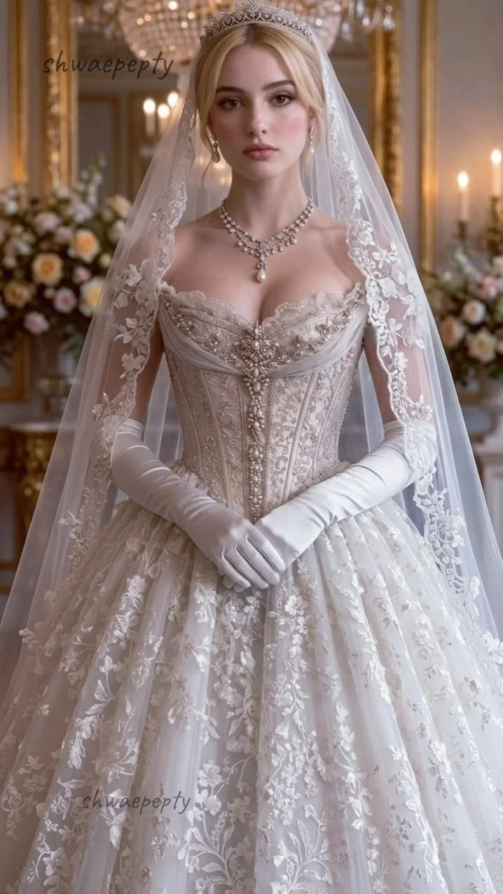 Exquisite Lace Wedding Dress A-Line Sleeveless Long Princess Strapless Bridal Gowns Pearls Beaded White Ivory Customized