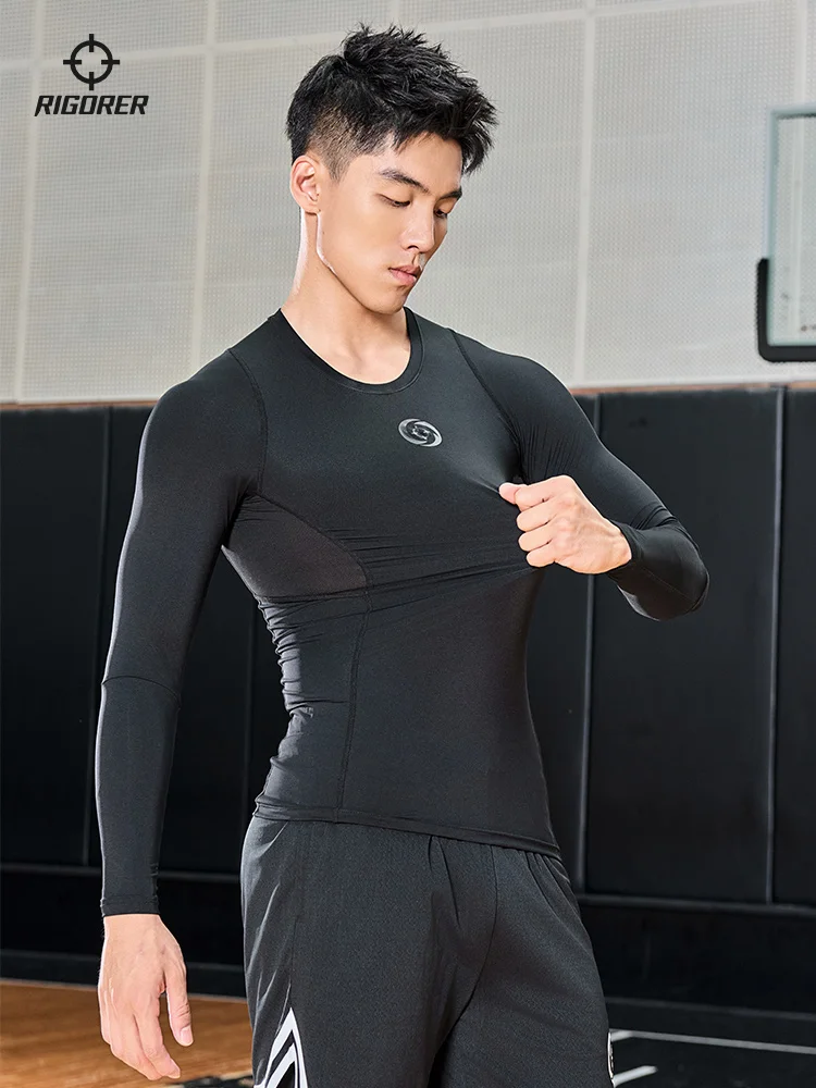 

RIGORER Tight Clothes Men Running Training Fitness Basketball Sports Top High Elastic Quick drying Compression Long Sleeve