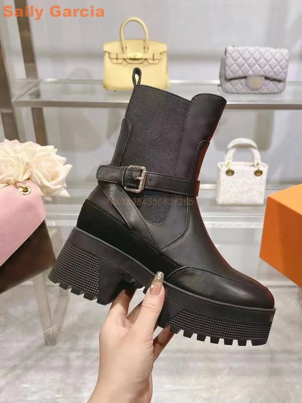 Thick Chunky Ankle Boots Splicing Belt Buckle Black Green White Real Leather Elastic Band Luxury Brand Women Shoes Slip On