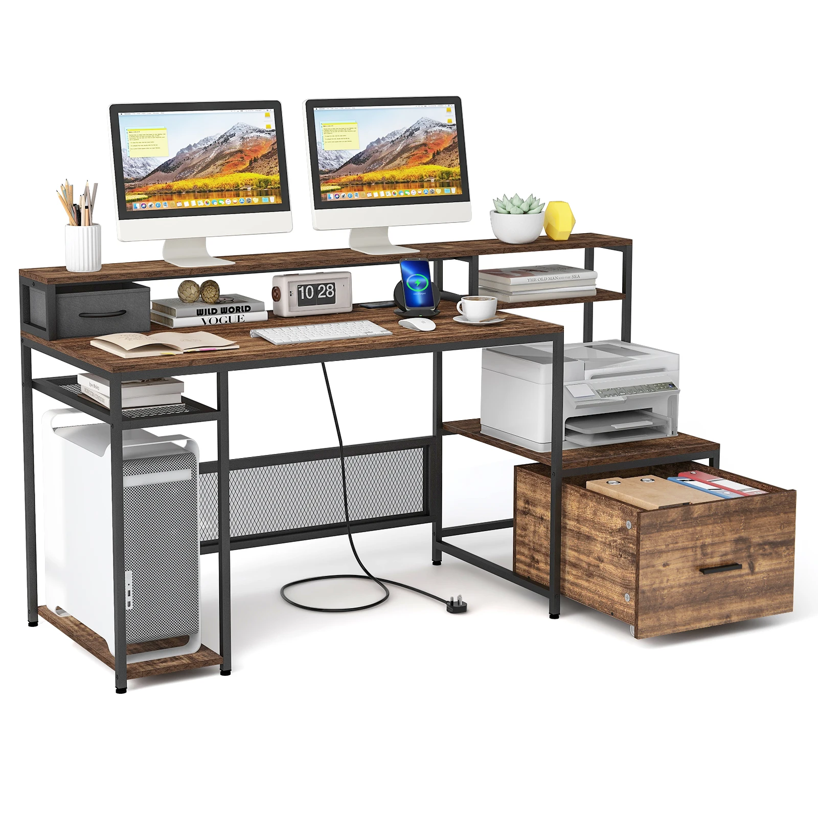 Desk with sockets, USB Ports, Monitor stand, Printer stand, CPU stand & File drawer, Computer table