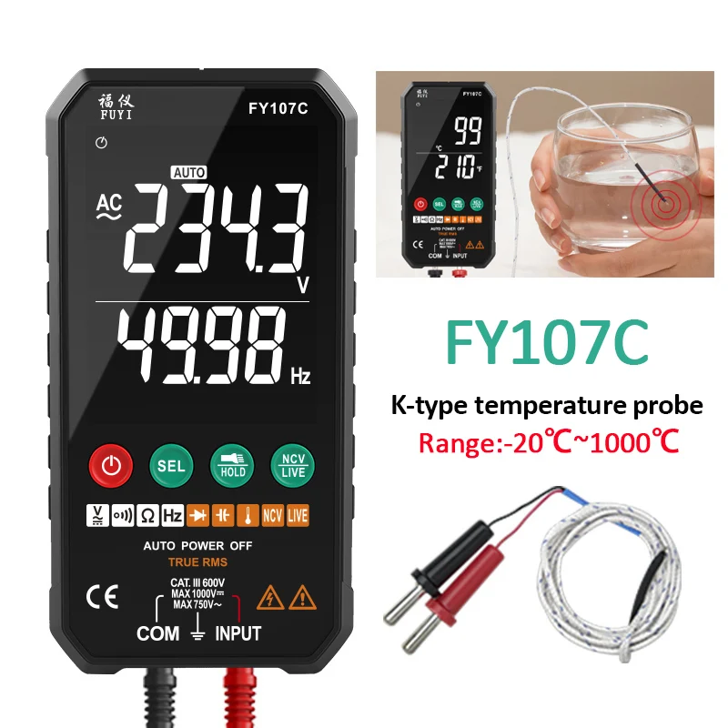 FY107C 6000 Counts Digital Multimeter Ture RMS AC DC NCV Transistor Duty Multimetro Capacitor Temperature Voltage Smart Meter