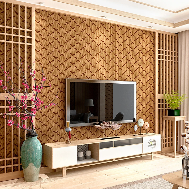 Wallpaper Simulated Straw-Woven Bamboo-Woven Wallpaper Chinese Classical Zen Home Decor Straw Mat Brush Glue PVC Papel De Parede