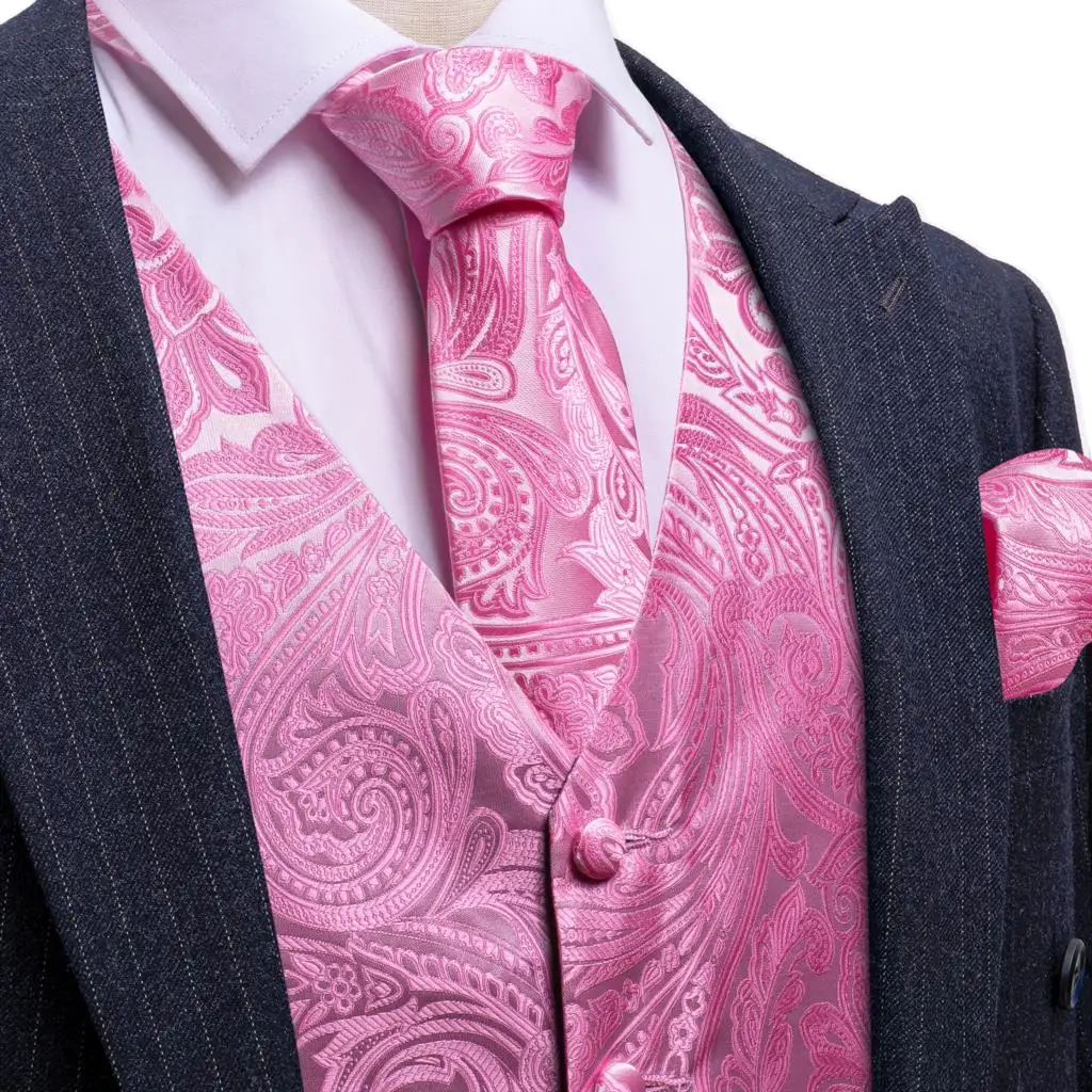 Elegant Men\'s Vest Silk Pink Paisley Wedding Formal Waistcoat Tie Set Sleeveless Suit Dress Jacket Male Clothing Barry Wang