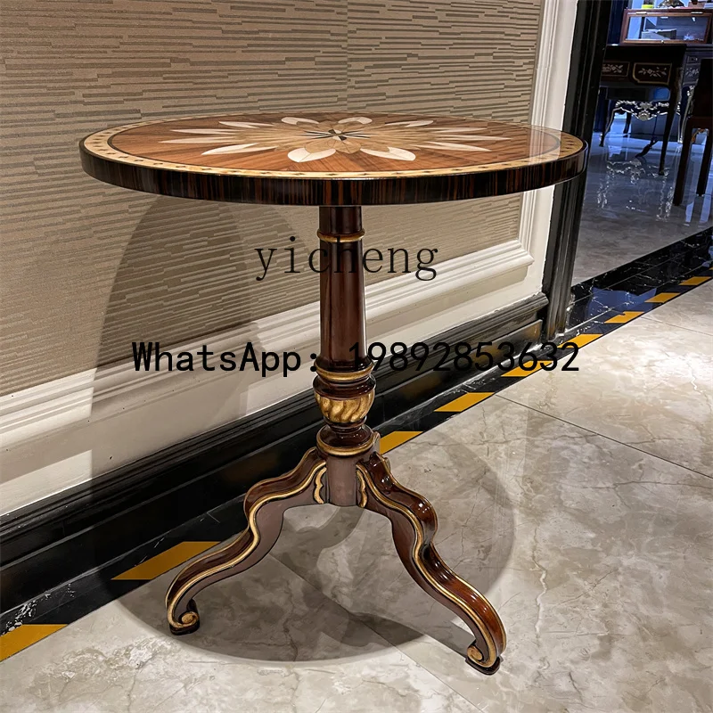 Light Luxury Small Round Table Peach Core Solid Wood Inlaid Furniture Side Table Living Room English Style Round Table