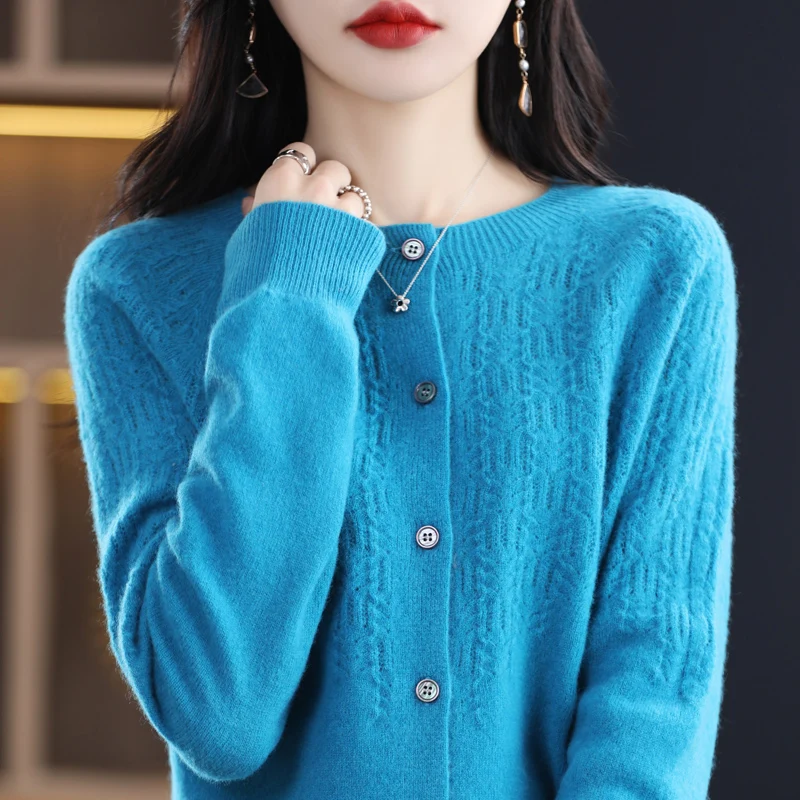 New High Quality 100% Pure Merino Wool Women’s Cardigan Hollow Cashmere Sweater Female Clothing Grace Top Bottoming Shirt