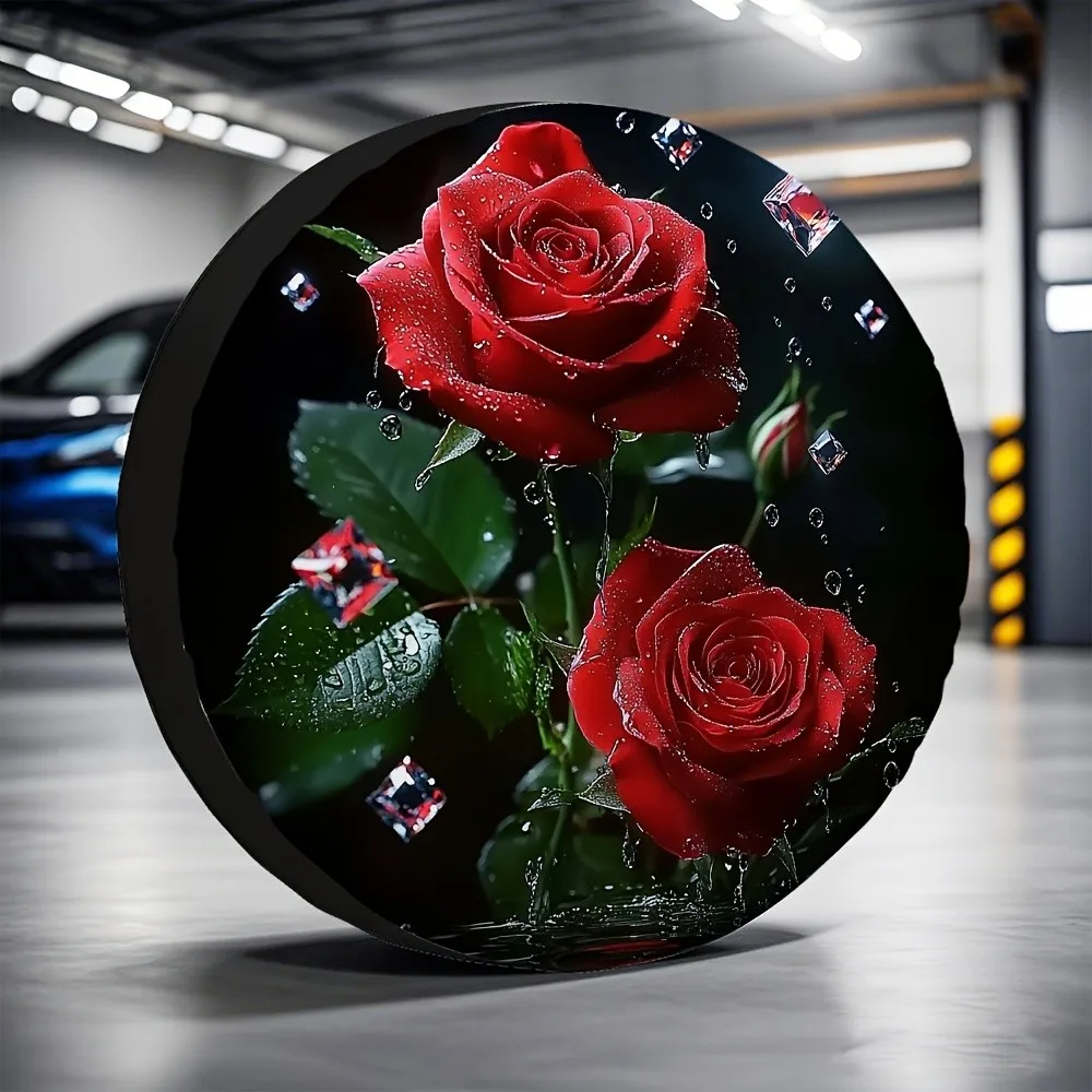 

Red Rose Diamond Spare Tire Cover Waterproof Polyester Off-Road Vehicle Protector Accessory