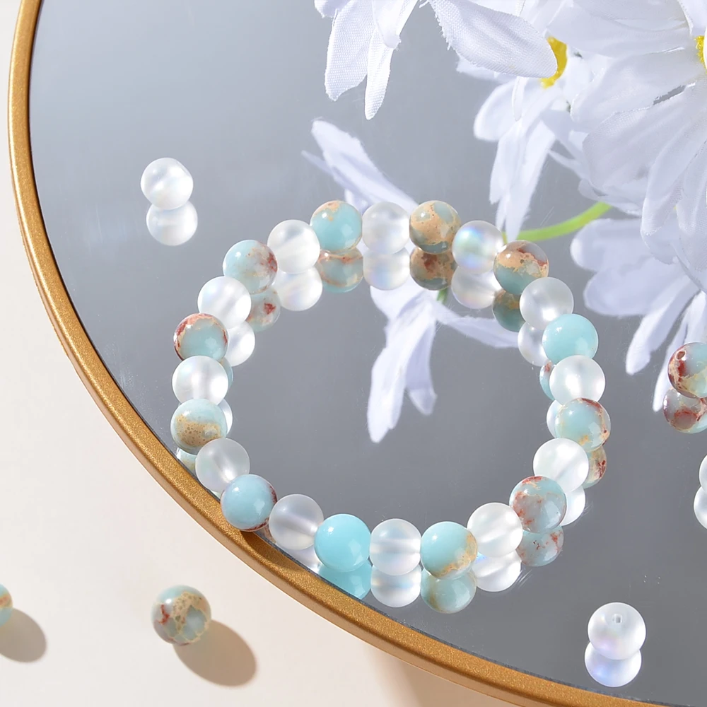 1 Piece Aura Quartz and Ocean Sediment Beaded Bracelet - Unisex - Homeopathic Crystal Jewelry - Brings Abundance - Prosperity