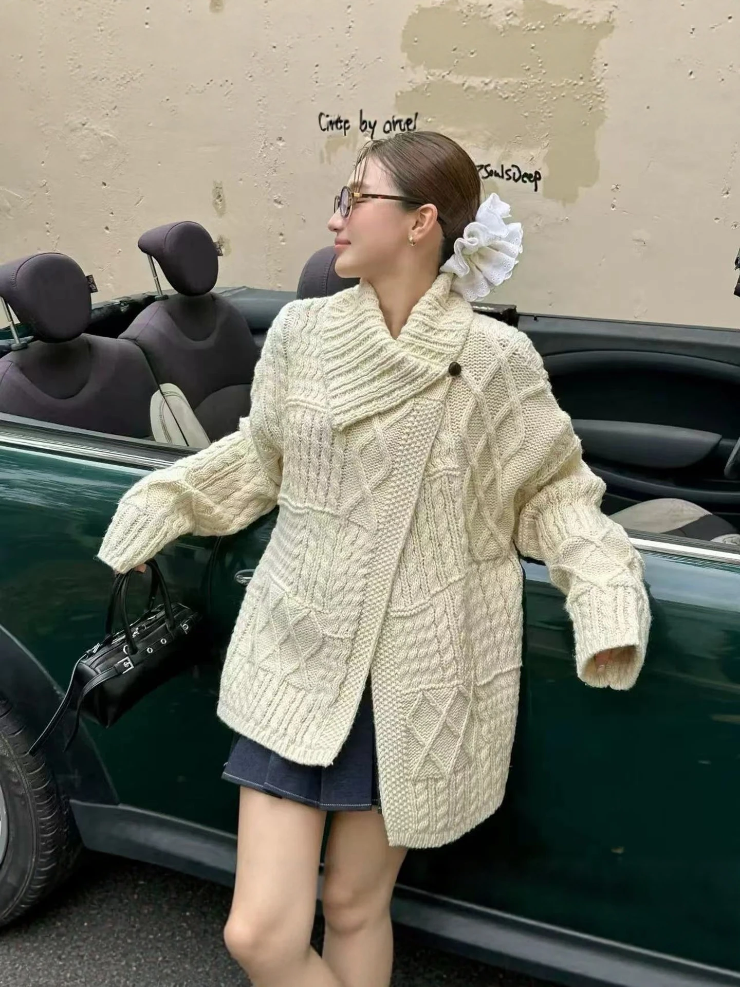 Thickened Warm Loose Lazy Style Knitted Outerwear Women's Open Cardigan Sweater Twist Knit High Collar Autumn Winter Fashion